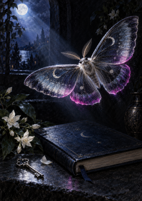 Large moth with spread wings above a closed dark journal, accompanied by a silver key and white flowers in moonlight.
