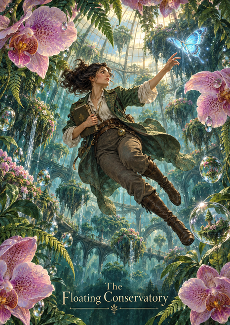 A woman floats diagonally through a glasshouse among pink orchids and ferns, reaching for a glowing blue insect while holding a notebook.