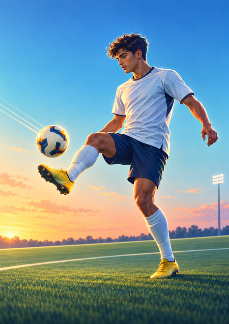 A football player in a white shirt and dark shorts controls a ball with a raised foot on a field at sunset.
