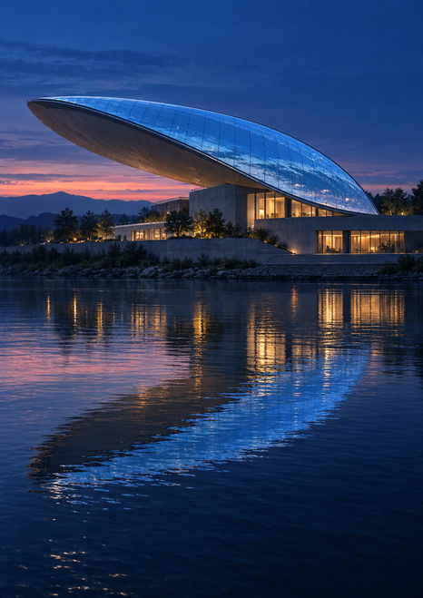 Curved blue-glass pavilion with warm lit windows reflected in a river beneath a rose-pink dusk horizon.