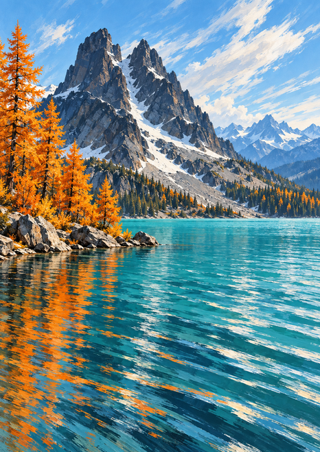 Turquoise alpine lake with broken orange tree reflections beneath a jagged snow-streaked peak and clear blue sky.