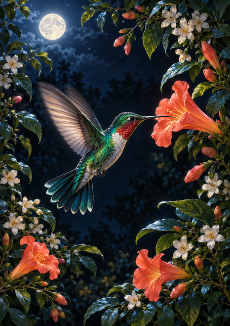 Green-teal hummingbird hovering beside a coral trumpet flower among foliage and white blossoms beneath a bright moon.