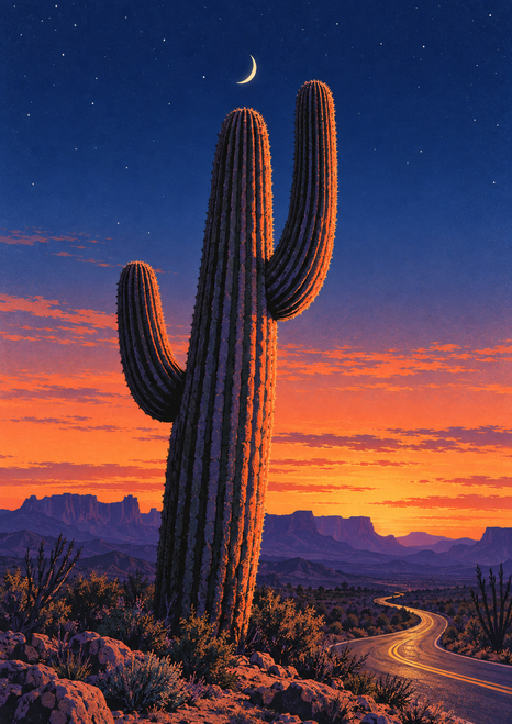 A towering ribbed saguaro cactus under a crescent moon, with a winding road, rocky scrub, and distant mesas at sunset.