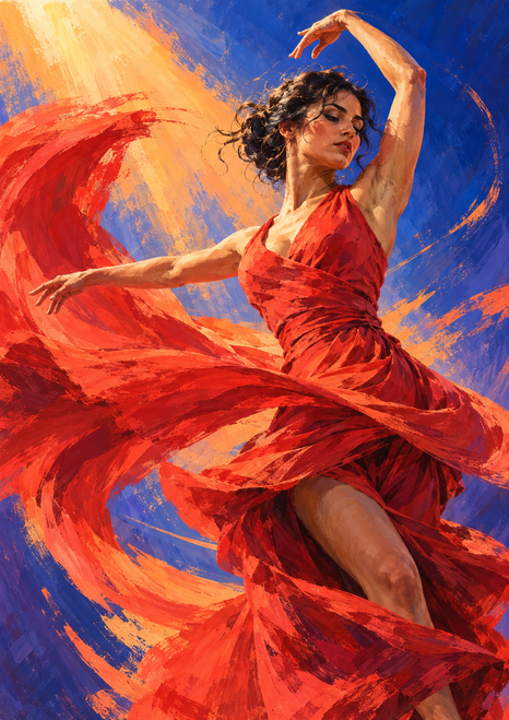 Adult dancer in a vivid red dress turns with one arm raised as broad fabric sweeps across a cobalt-blue and apricot background.