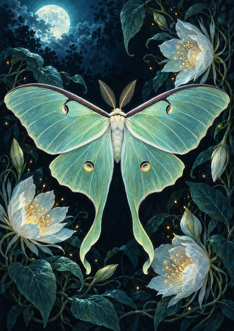 Pale green luna moth with eye-spotted wings and long tails among white flowers and dark teal foliage beneath a bright moon.