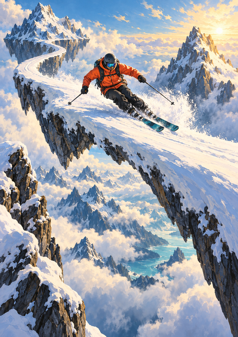 Orange-jacketed skier with two poles turning on a snowy ridge among floating mountains and clouds.
