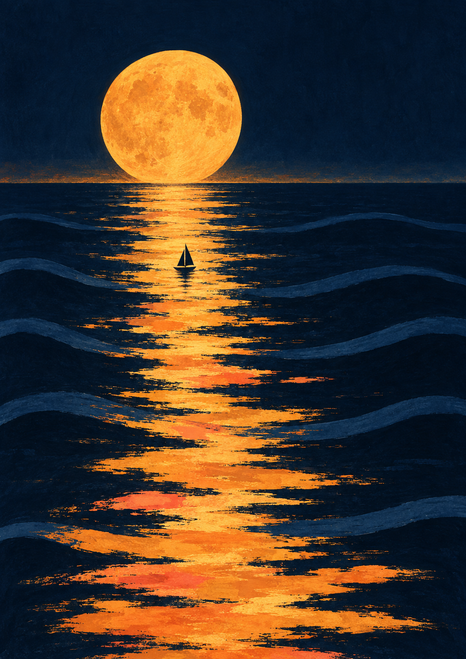 A glowing amber moon hangs above a dark sea, reflecting in a broken golden path near a tiny sailboat.