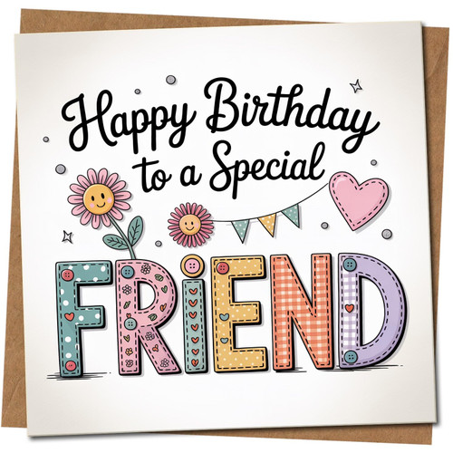 Happy Birthday to a Special Friend Card - Cute Doodle Flowers and Heart Design - 145mm x 145mm Square Birthday Card, Includes Kraft Envelope