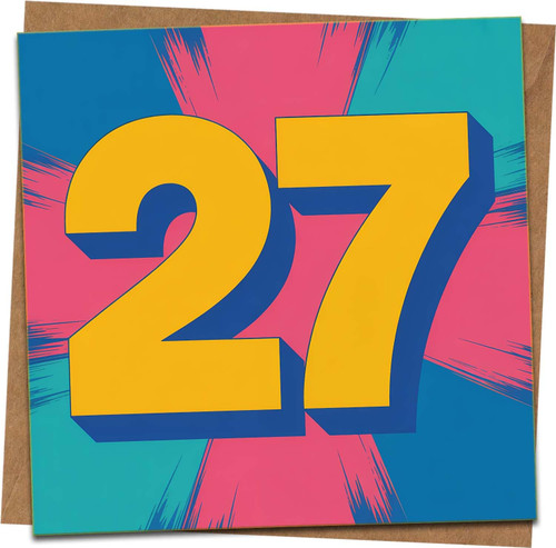27th Birthday Card – Bold Pop Art Number Design, 145mm x 145mm Square, Blank Inside, Includes Kraft Envelope – For Him or Her