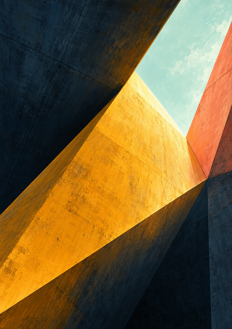 Upward view of angular saffron, ink-blue, and coral planes opening onto pale mint-blue sky.