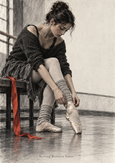 Clothed dancer seated on a studio bench and adjusting a ballet slipper, with a vivid red ribbon against a pale studio interior.