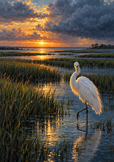 White egret standing in a reflective marsh pool among reeds beneath slate clouds and a gold-apricot sunset.