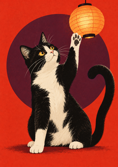 Black-and-white tuxedo cat with amber eyes raises one paw toward a glowing orange lantern against a red-orange background.