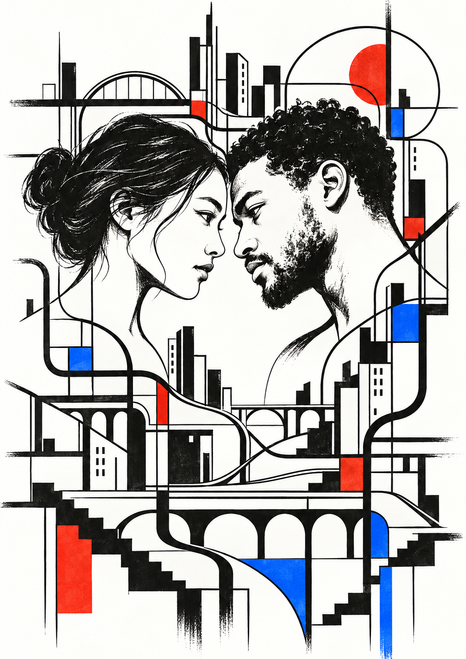 A woman and man in close profile surrounded by black city-like linework, with small red and blue accents on a warm white background.