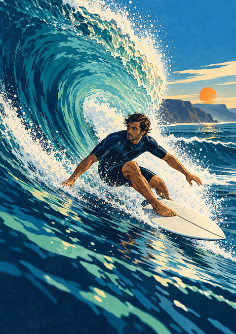 Adult surfer on a white shortboard beneath a curling blue wave, with white spray, a coastal headland, and an orange sun.