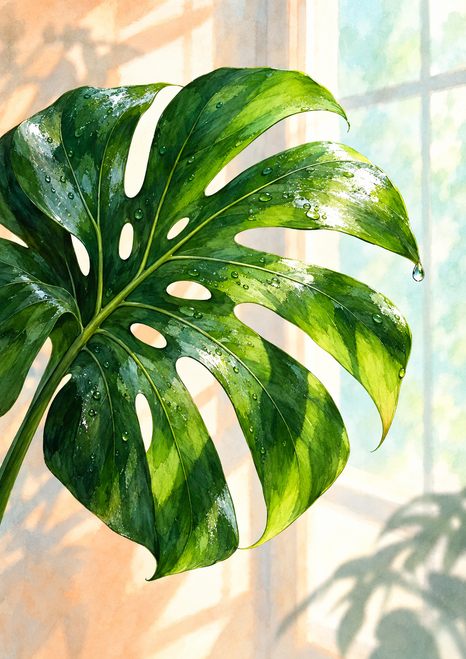 Large glossy green monstera leaf with splits, oval holes and water droplets against a softly rendered window.