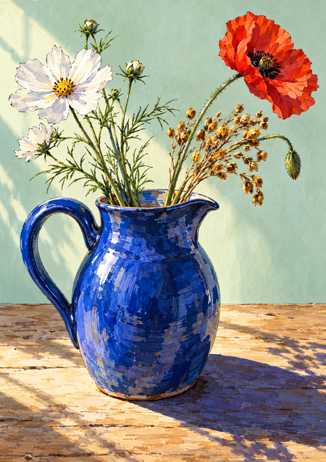 Cobalt-blue pitcher holding a white cosmos, red poppy and golden seed heads on a sunlit tabletop against a pale mint wall.