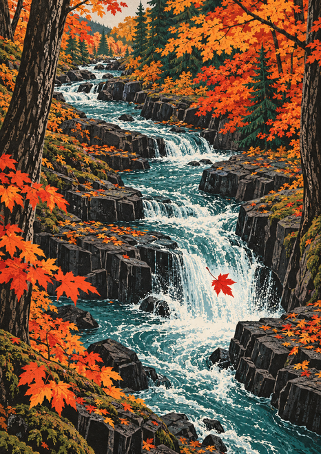 Teal stream cascading over dark rock shelves through orange autumn foliage, with one red leaf above the waterfall.