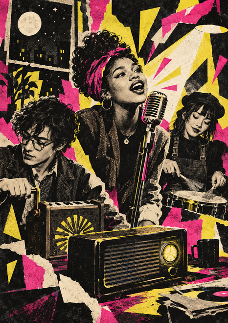 Three musicians perform around a tabletop radio, with a singer at a microphone, a keyboard player, a drummer and angular color shapes.
