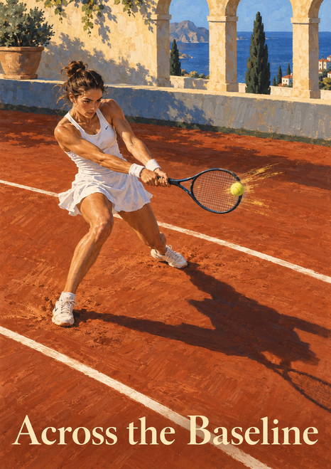 A woman in white swings a tennis racket on a red clay court, with a yellow ball, stone arches, and sea behind her.