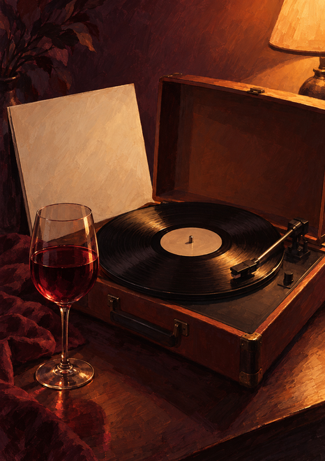 Warm-lit still life of an open wooden record player with black vinyl, a ruby-red wine glass, and a blank sleeve.
