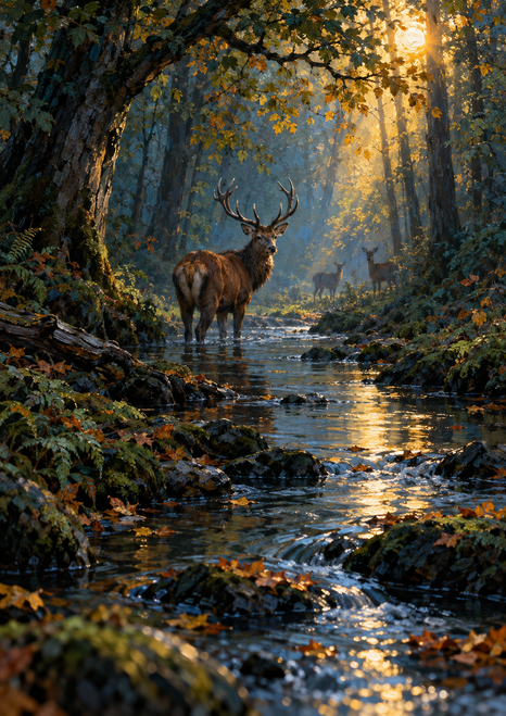 Antlered stag looking back from a woodland stream, with two deer farther among the trees.