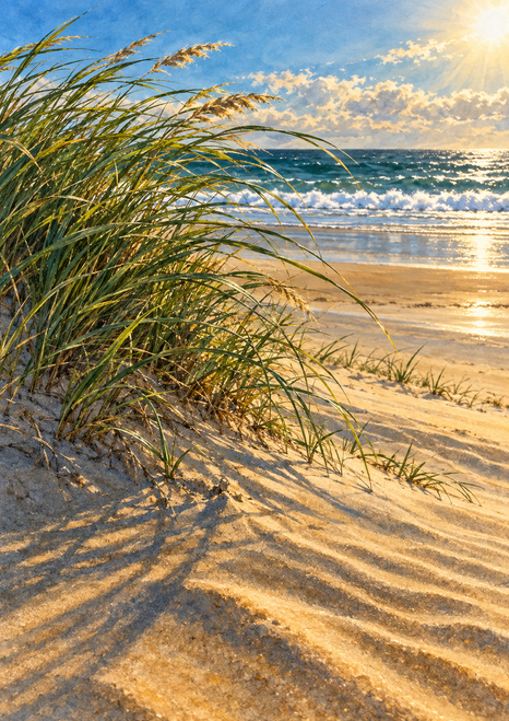 Dune grasses bend across sunlit sand beside ocean surf and teal-blue water beneath a bright sky.