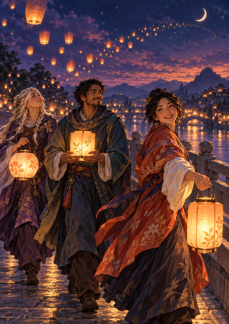 Three adults in flowing festival clothing carry glowing lanterns across a bridge beneath floating lights and a crescent moon.