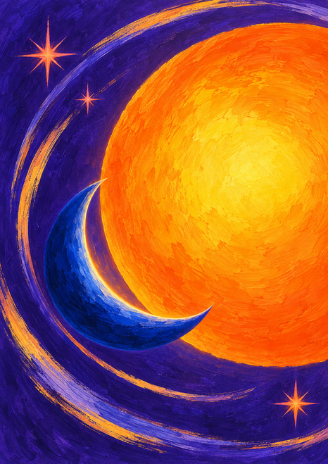 Glowing orange-yellow disc crossed by a cobalt crescent, surrounded by violet painted arcs and coral starbursts.