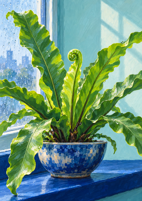 A potted fern with a curled new frond and rippled green leaves sits in a blue-and-white bowl beside a rainy window.