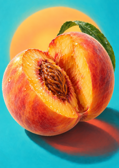 A large split peach with an exposed brown pit and green leaf sits against a turquoise field with a warm circular glow.