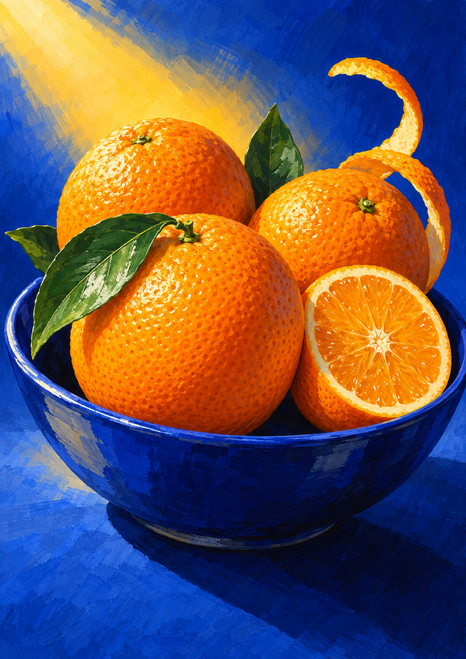 Three whole oranges and a cut orange half with leaves and curling peel in a cobalt-blue bowl against a blue field.