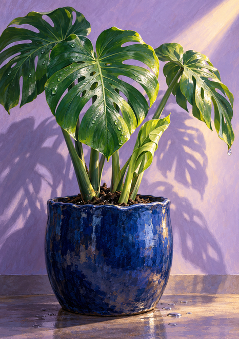 Rain-speckled monstera with broad split leaves and a small unfurling leaf in a blue pot against a pale lilac wall.