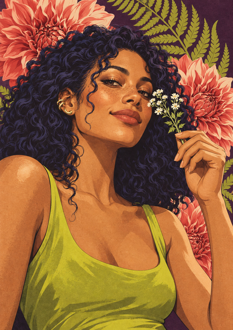 Illustrated portrait of a smiling woman with dark curls holding white blossoms, with coral flowers and fern fronds behind her.