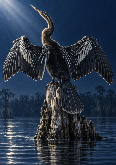 Dark long-necked waterbird perched on a stump with wings spread above water and a distant tree line.