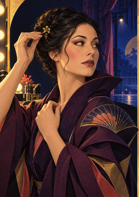 Adult woman in a plum stage costume adjusting a gold hair ornament, with fan embroidery and theater bulbs behind her.