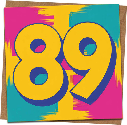 89th Birthday Card – Bold Retro Pop Art Number Design, 145mm x 145mm Square, Blank Inside, Includes Kraft Envelope – Fun Vibrant Greeting for Him or Her