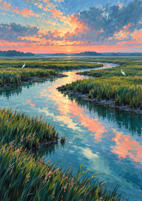 Winding reflective channel through a marsh with two distant white birds beneath a coral-and-gold dawn sky.