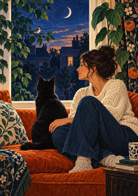Seated woman beside an upright black cat on an orange window seat, both looking toward a bird outside a leafy window at dusk.