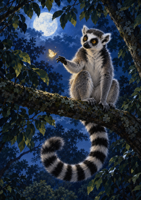 Ring-tailed lemur with a curled black-and-white banded tail reaching toward a glowing golden moth on a branch beneath the moon.