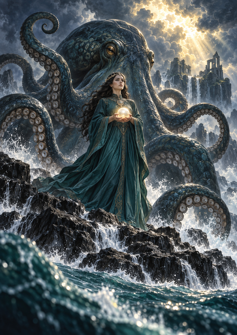 Robed woman holding a luminous pearl on a rocky shore, framed by a large octopus and a bright opening in storm clouds.