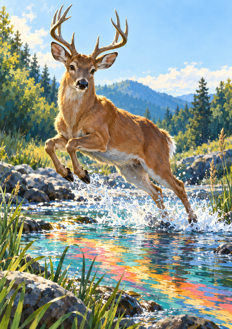 Tawny antlered stag leaping above a brightly reflected stream, with splashing water, reeds, forest, and distant mountains.