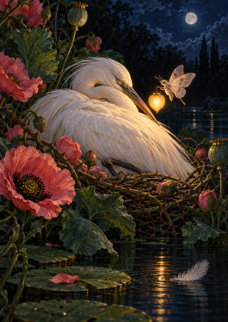 White heron sleeping in a twig nest beside dark water, with pink poppies, a glowing lantern, and a hovering moth-like figure.