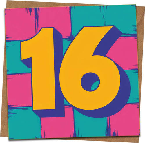 16th Birthday Card – Bold Number 16 Square Greeting, Retro Neon Design, 145mm x 145mm, Kraft Envelope Included, Funny Teen Celebration for Son Daughter Boy Girl Friend