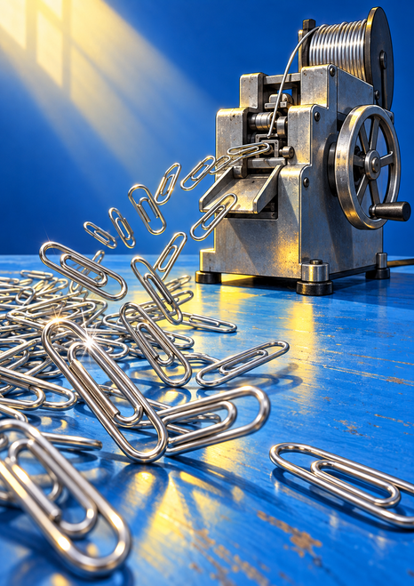 Compact machine with a large handwheel sends silver paper clips toward a pile on a blue workbench under warm light.