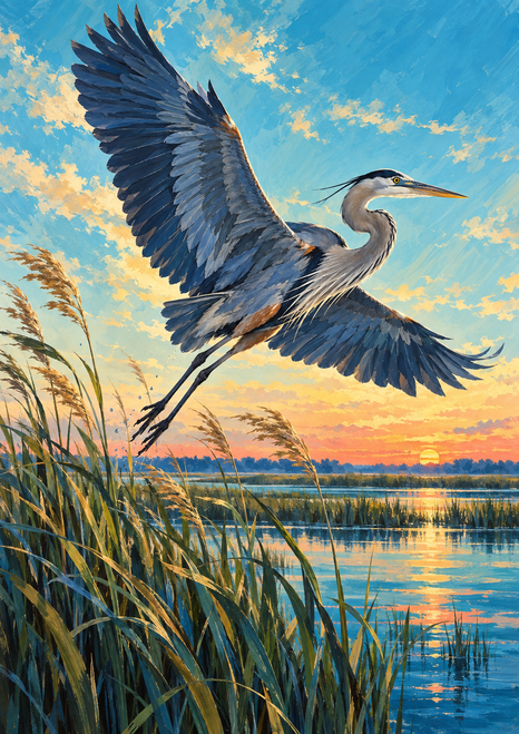 A blue-gray heron with spread wings flies above reflective marsh water at sunset, with dense reeds in the foreground.