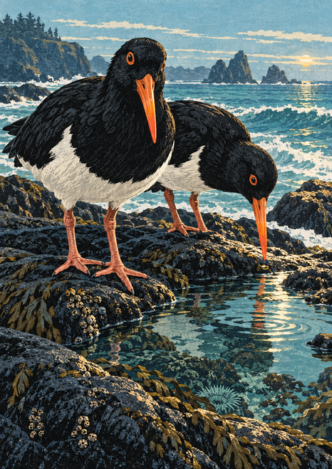 Two black-and-white oystercatchers with orange bills stand on dark rocks beside a reflective tidepool, with the sea and cliffs beyond.