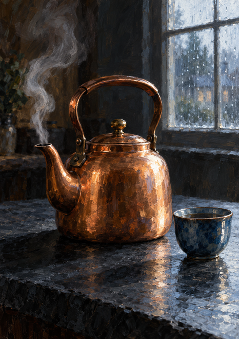 Steaming copper kettle and blue ceramic cup on a dark counter beside a rain-streaked window.