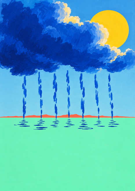 A broad blue cloud releases seven streams of rain beneath a partly obscured yellow sun, above a coral horizon and mint field.