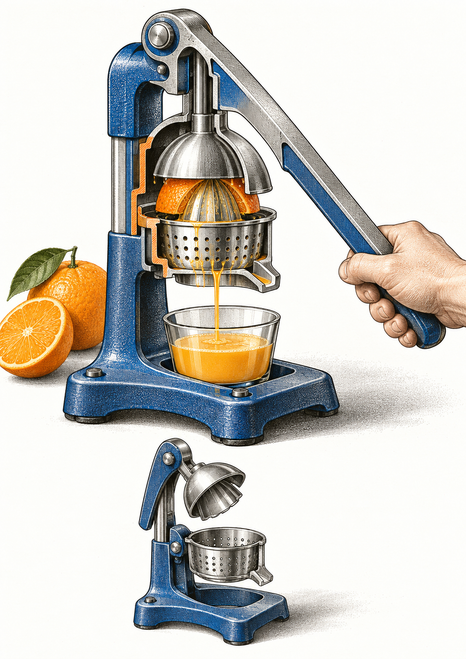 Blue hand-operated citrus press shown pressing an orange over a glass of juice, with a smaller open-press view below.